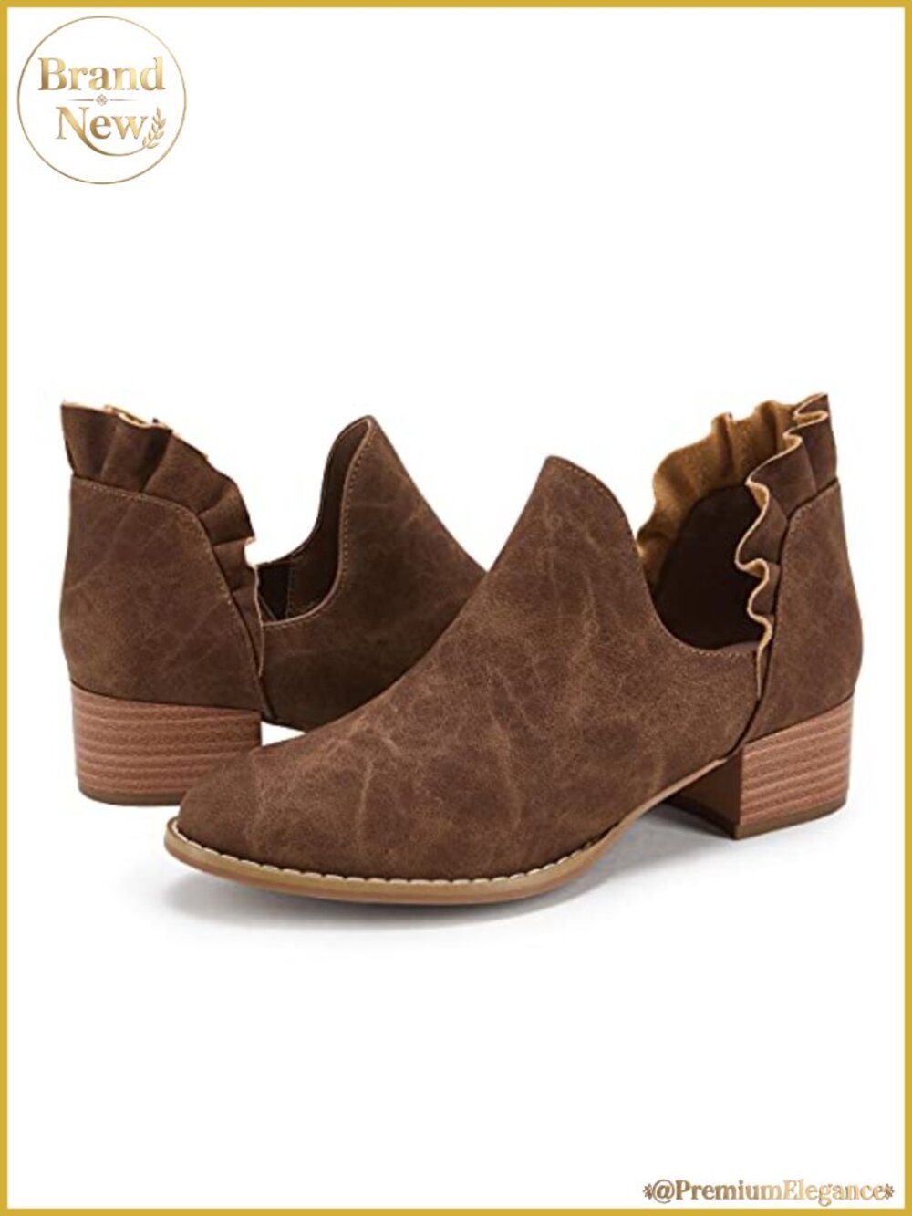 Faux Leather Ankle Boots Ruffled V Cut Out Pointed Toe Chunky Low Heel Western - Picture 2 of 5